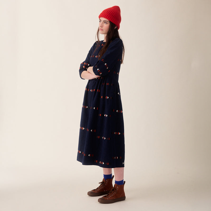 Women's Linen/Cotton Tessa Dress - Indigo Embroidered