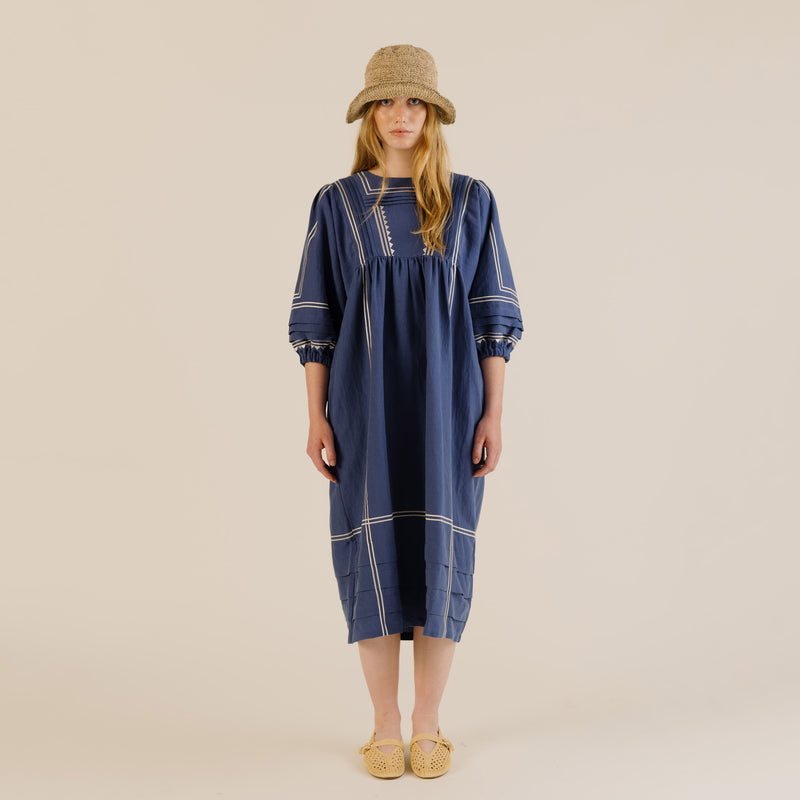 Women's Linen & Cotton Star Dress - Mid Blue