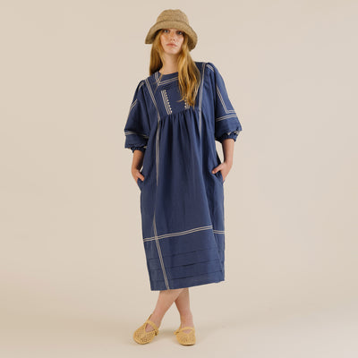 Women's Linen & Cotton Star Dress - Mid Blue