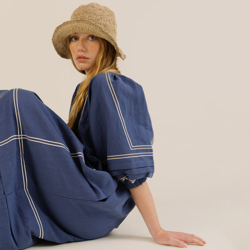 Women's Linen & Cotton Star Dress - Mid Blue