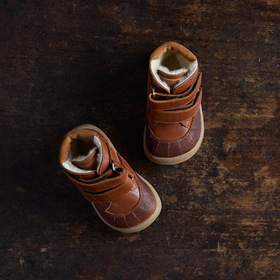 Toddler Leather Wool Lined Waterproof Velcro Boots - Cognac