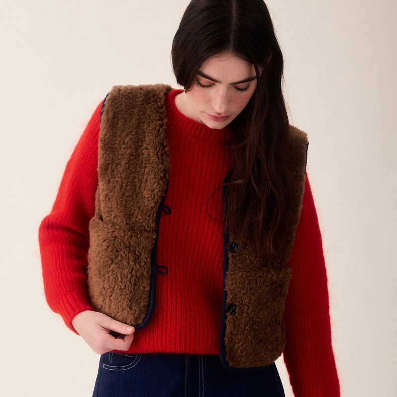Women's Reversible Teddy Wool Aida Vest - Brown