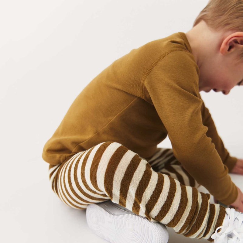 Kids Merino Wool Crepe Leggings - Natural/Bronze Stripe