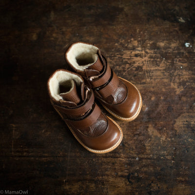 Kids Wool Lined Waterproof Leather Boots - Cognac