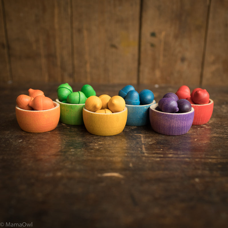 Wooden Bowls & Acorns - Set of 6