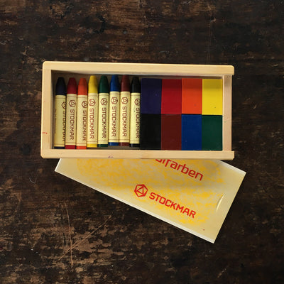 Wax Block and Stick Crayons in Wooden Box - Set of 16