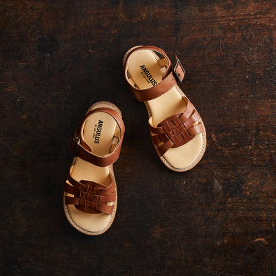 Kids Leather Woven Open Toe Sandals - Tan