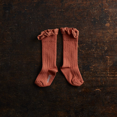 Babies & Kids Cotton Knee Socks With Lace  - Cinnamon