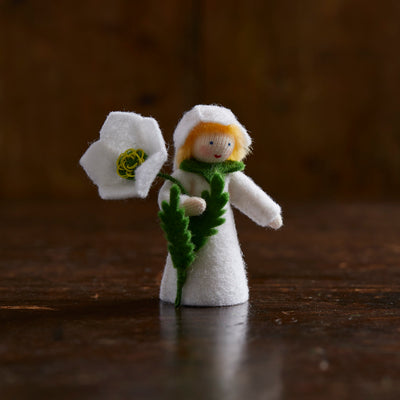 Handmade Wool Fairy Holding Flower - Christ Rose - White