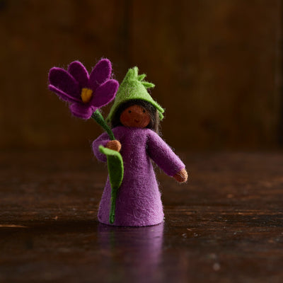 Handmade Wool Fairy Holding Flower - Crocus - Brown