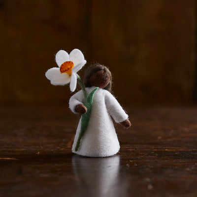 Handmade Wool Fairy Holding Flower - White Daffodil - Black