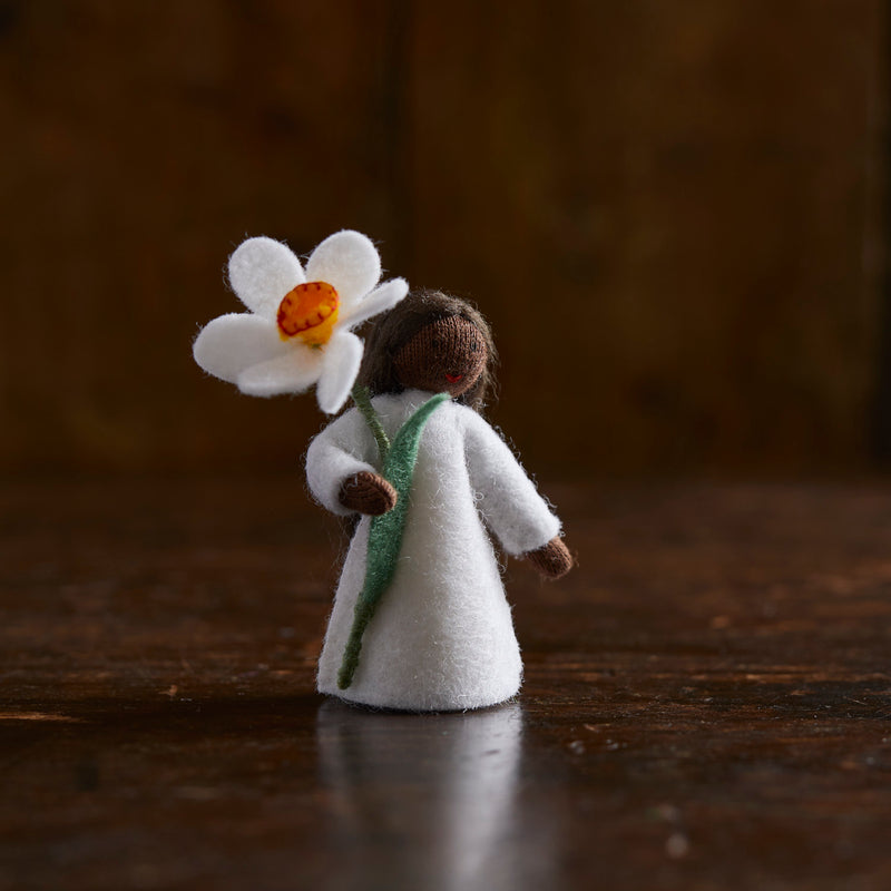 Handmade Wool Fairy Holding Flower - White Daffodil - Black