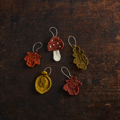 Hand Crocheted Wool Flat Leaves & Mushroom Set