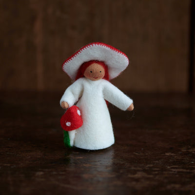 Handmade Small Wool Flower Fairy - Red Mushroom - Brown