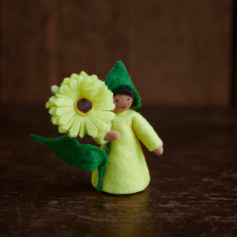 Handmade Wool Flower Fairy - Yellow Calendula - Brown