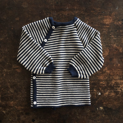 Baby Merino Wool Wrap Cardigan - Navy/Natural Stripe