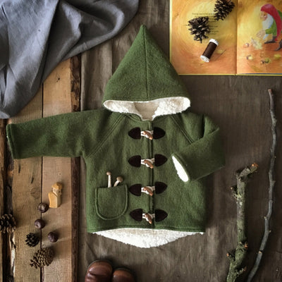 Wool/Cotton Sherpa Pixie Hooded Coat - Moss Green