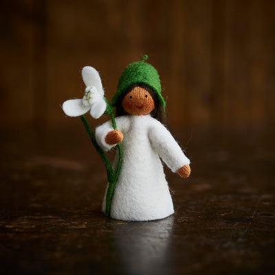 Handmade Wool Fairy Holding Flower - Snowdrop - Brown