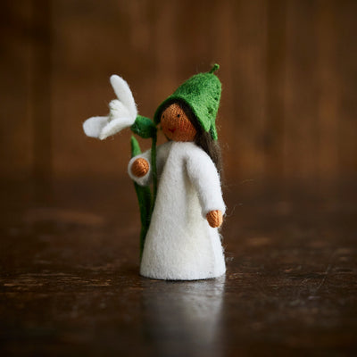 Handmade Wool Fairy Holding Flower - Snowdrop - Brown