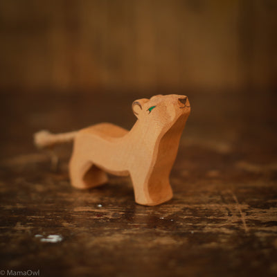 Handcrafted Wooden Lion Cub With Head High