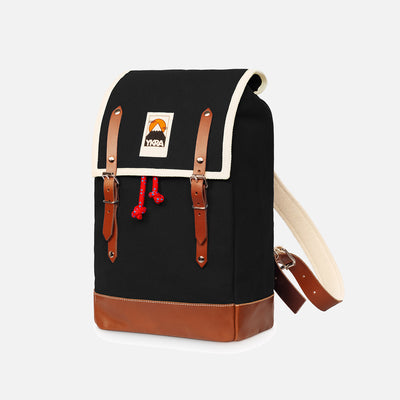 Cotton Canvas Matra Mini Backpack With Leather Strap & Base - Black