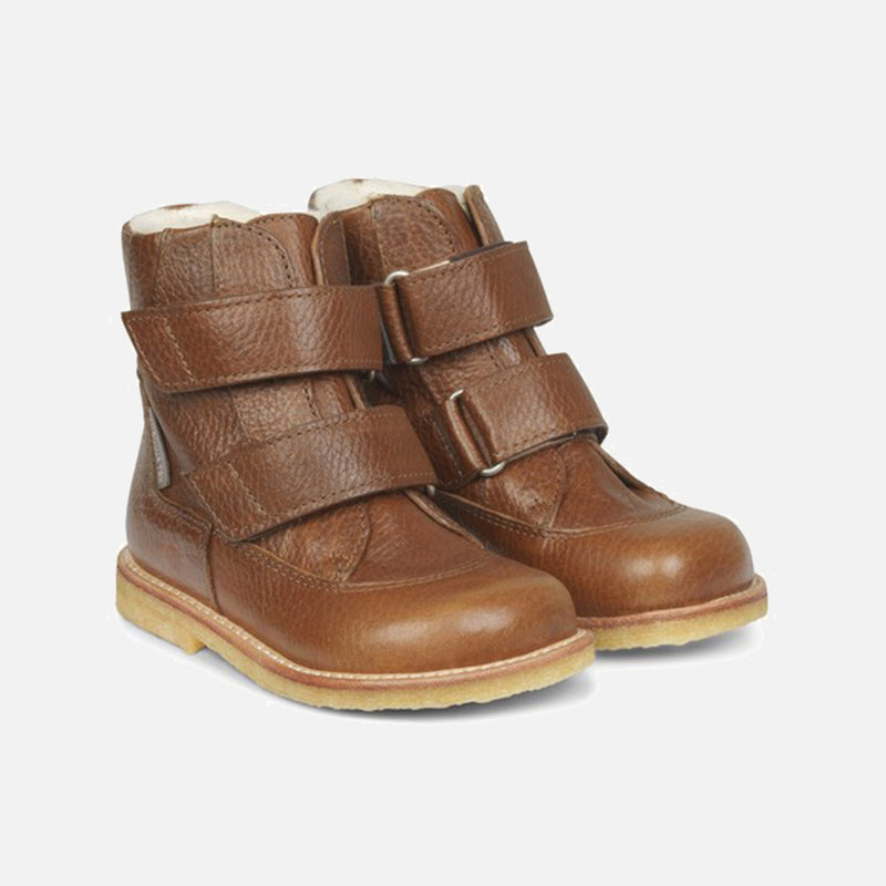 Kids Wool Lined Waterproof Leather Boots - Cognac