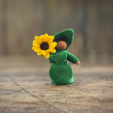 Handmade Wool Fairy Boy Holding Flower - Sunflower - Brown