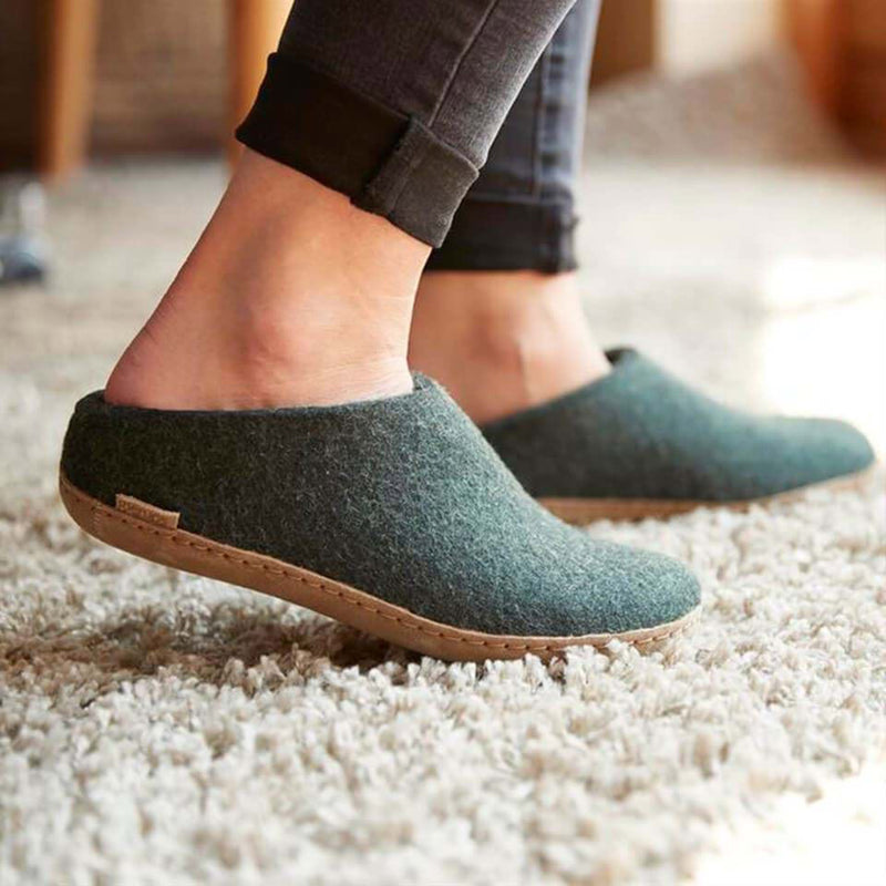 Adults Felted Wool Open Heel Slipper - Forest