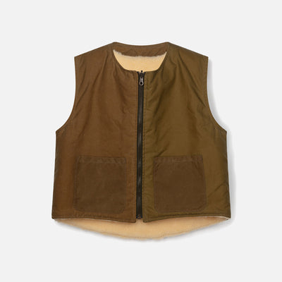 Womens Waxed Cotton Reversible Lumber Vest - Sand/Cream Sherpa