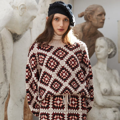 Women's Hand Crochet Merino Wool Patchwork Sweater - Dune