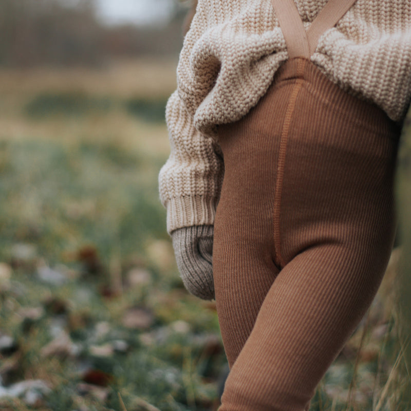 Merino Wool/Cotton Footless Wooly Tights With Braces - Cappuccino Brown