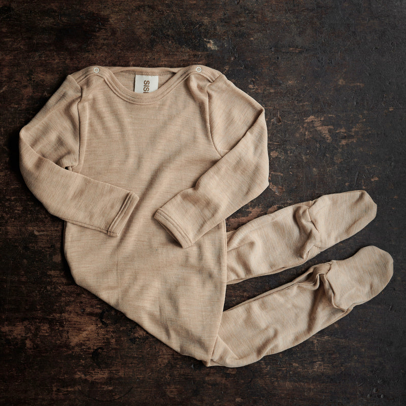 Wool Pyjamas Baby Merino Wool Silk Pyjamas in beige - sizes 0 months-2 years – MamaOwl