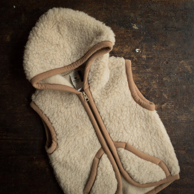 Kids Wool Teddy Fleece Hooded Zip Vest - Oatmeal