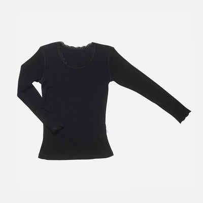 Women's Merino Wool LS Top With Lace - Black