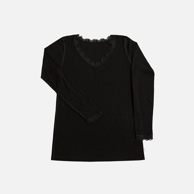 Women's Wool/Silk Rib LS Lace Top - Black