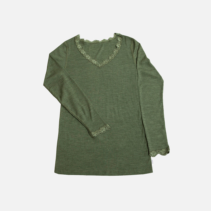 Womens Wool/Silk Rib LS Lace Top - Jade