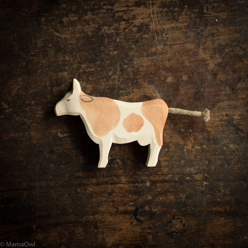 Handcrafted Wooden Brown & White Standing Cow